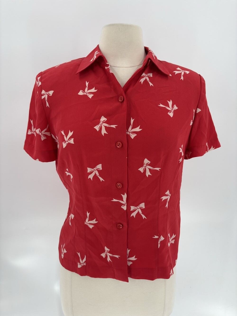Vintage Carlisle Blouse Womens 6 Red White Ribbon Bow 100% Silk Button Up Top